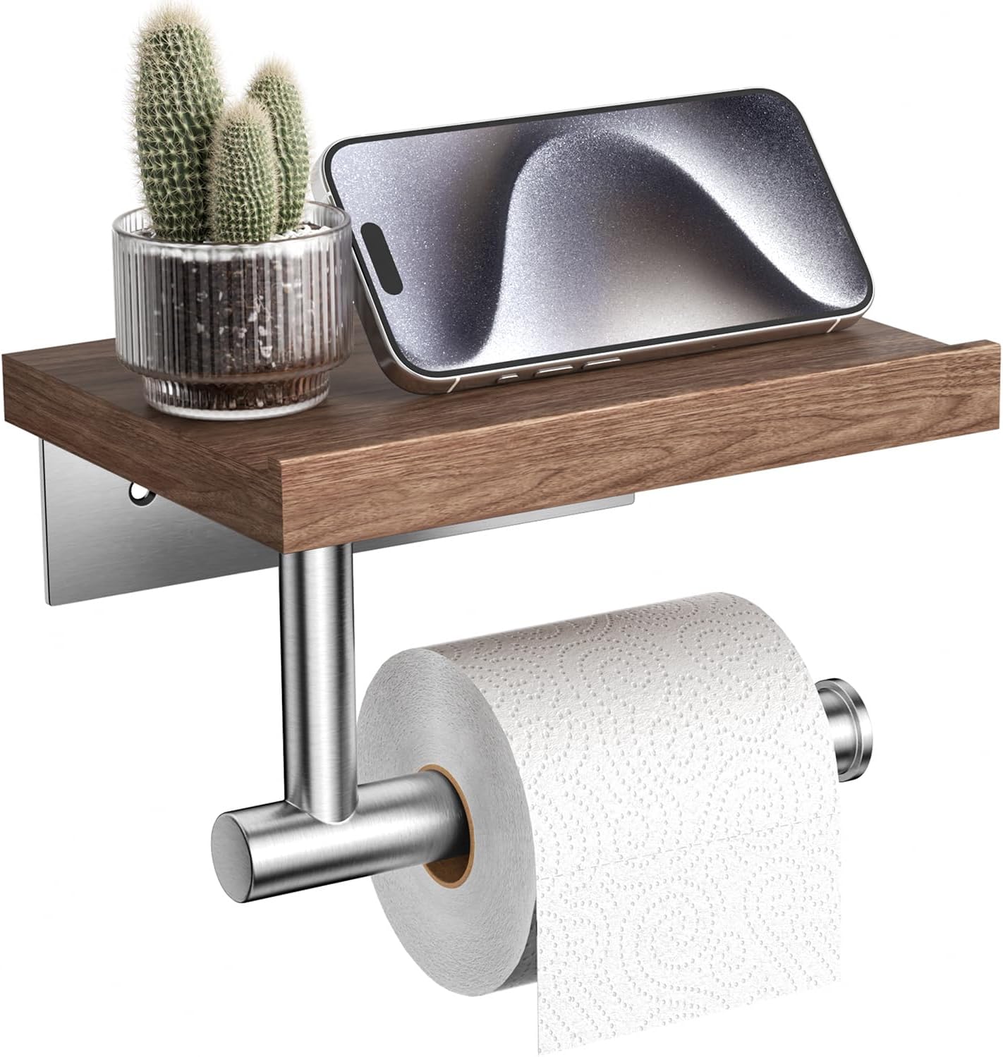 Tindbea Toilet Paper Holder with Wood Shelf, Wooden Wall Mount Tissue Paper Roll Holder, Matte Black Stainless Steel Bathroom Accessories Decor Household Home Apartment Restroom Essentials (Walnut)