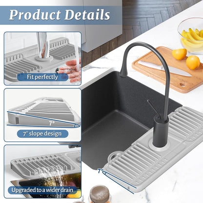 PoYang 24 Inch Faucet Mat for Kitchen Sink Splash Guard, Silicone, Black | Sink Protectors with 7° Slope for Smooth Drainage, Snap Button Holds It in Place, 90° Foldable & Cuttable Hole Fit Most Sinks