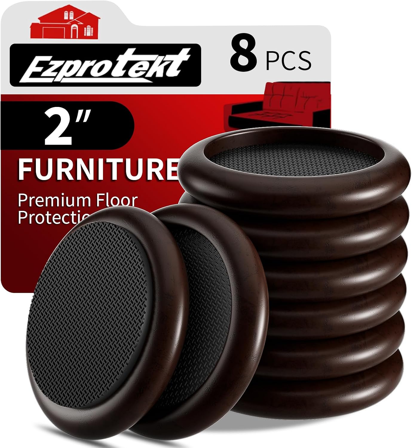 Ezprotekt 2 inch Non Slip Wood Furniture Pads for Hardwood Floors, 4 Pcs Round Anti Slip Furniture Coaster Cups Floor Protectors with Anti-Slide EVA for Chair Sofa Table Bed Couch (Dark Brown)