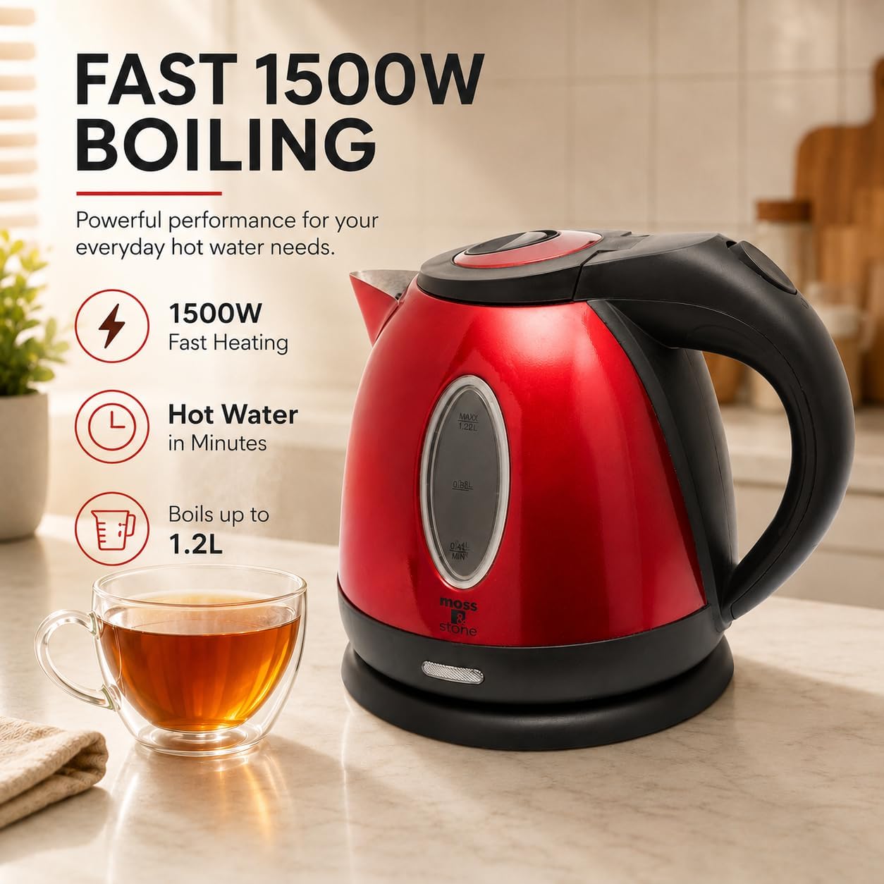 Moss & Stone Red Stainless Steel Electric Kettle, 1.2L Cordless 1500W | Small, portable hot water tea kettle, fast boiling pot, boil-dry protection, auto shut-off, blue Illuminate LED light
