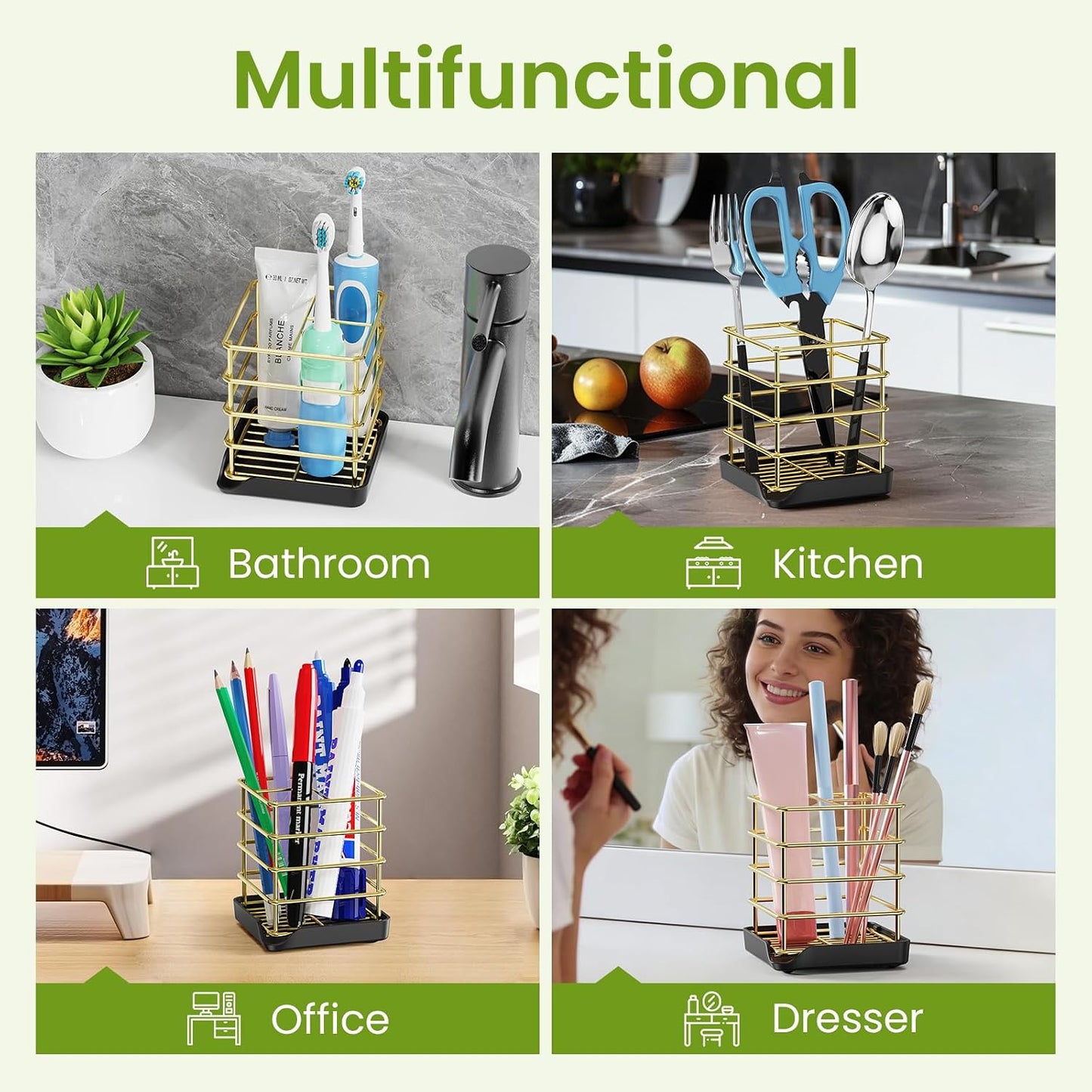 Toothbrush Holders for Bathroom,Black,Stainless Steel,Detachable,Tray,3 Slot