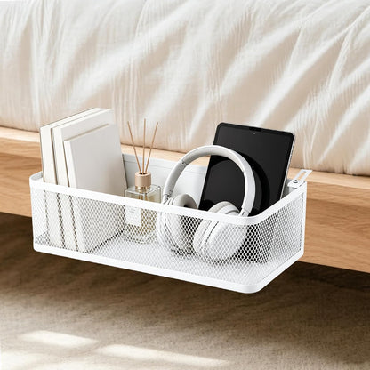 STARVAST 1 Pc Bedside Caddy Shelf, White Bed Shelf for Bunk Bed, Carbon Steel Dorm Room Essentials Organizer with 2 Hooks for Phone, Books, Snacks, Headphones and Rails