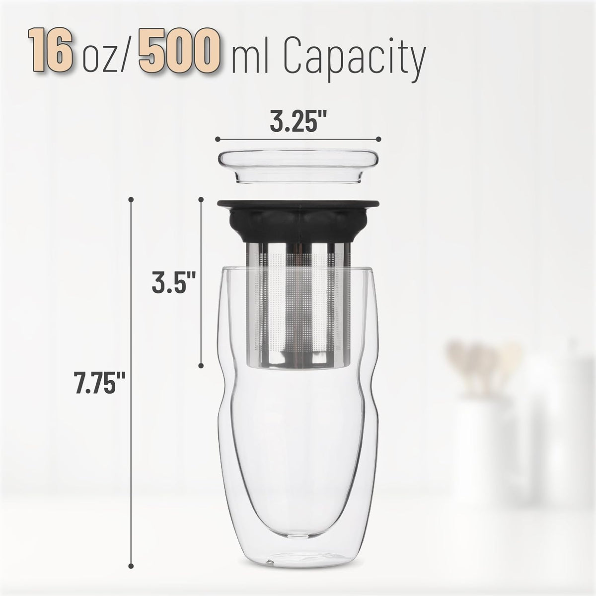 BTaT- Double Wall Glass Tea Cup With Stainless Steel Infuser and Lid, 16 oz, Borosilicate Glass Tea Mug Infuser, Gifts for Tea Lovers