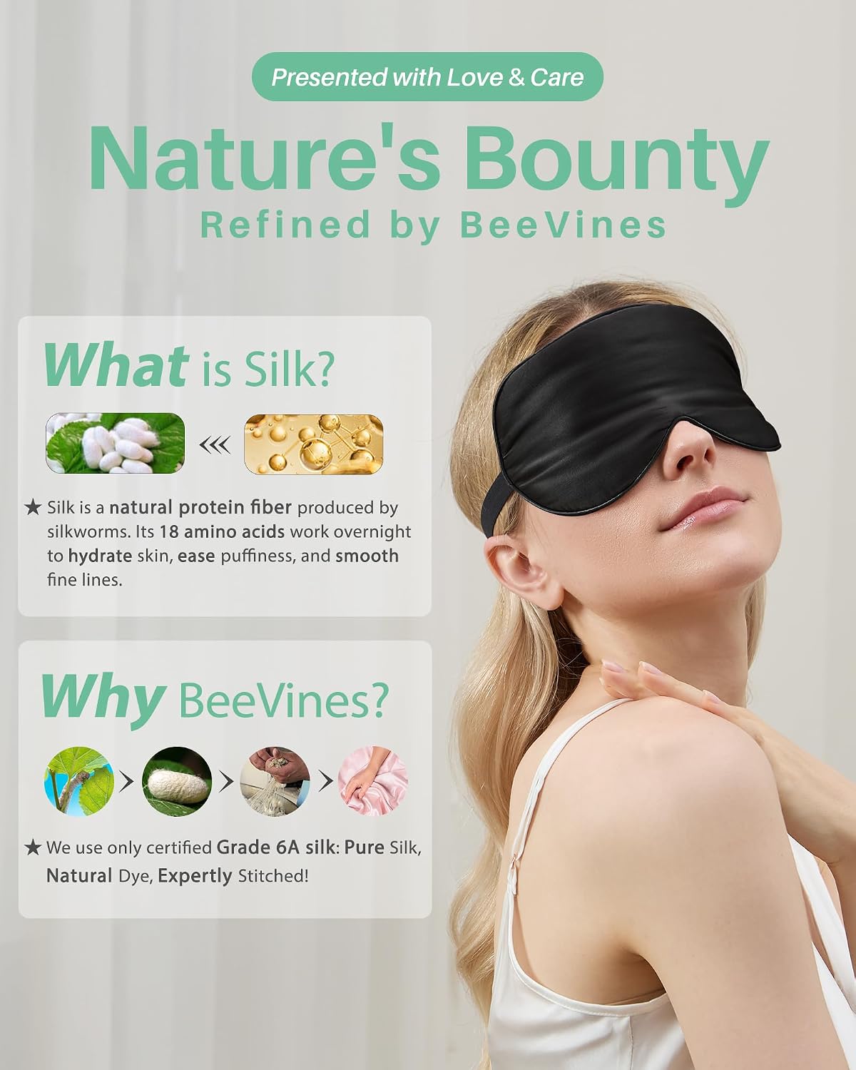 BeeVines 100% Mulberry Silk Sleep Mask, Light Blocking Eye Masks (2 Packs)