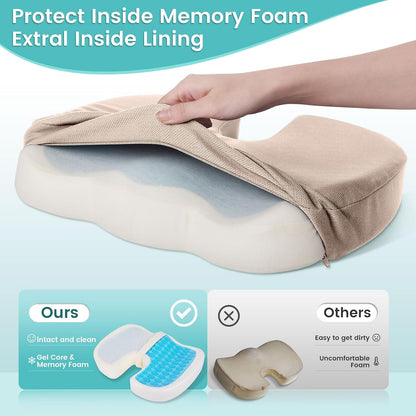 Gel Seat Cushion, Enhanced Memory Foam Cushion for Tailbone Pain, Black | Cooling Gel for Office Chair, U-shaped Design Chair Cushion for Gaming, Car, Wheelchair, Non-Slip Base, Washable Cover