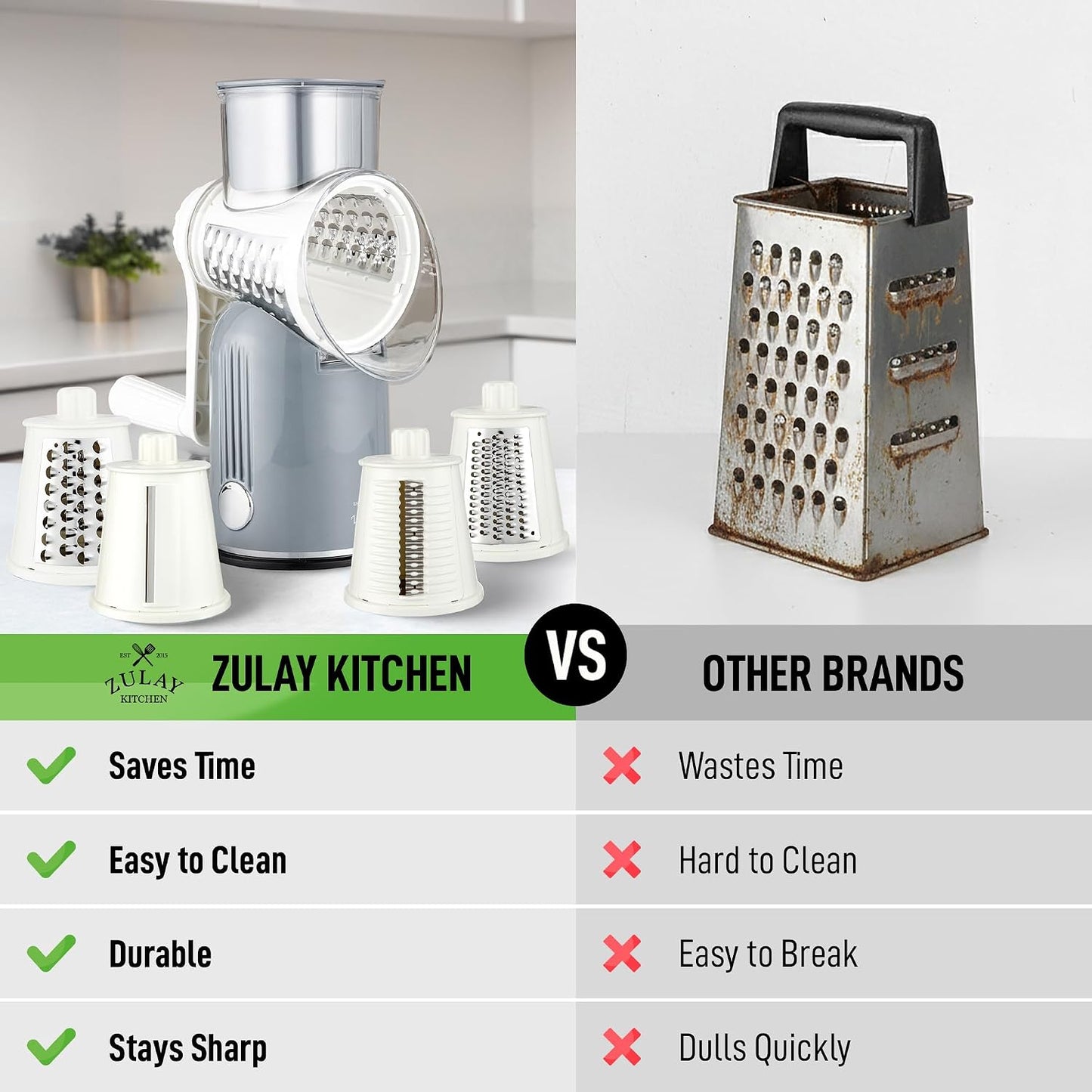 Zulay Kitchen Rotary Cheese Grater 5 Blade Cheese Shredder - Manual Hand Crank Cheese Grater With Reinforced Suction & 5 Interchangeable Drums - Easy to Use, Vegetable Chopper Round Mandoline Slicer - Colors A
