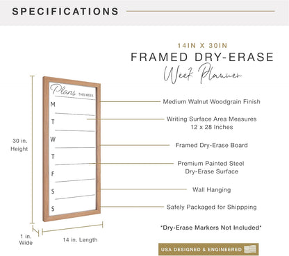 MCS Dry Erase Weekly Meal Planner Black Framed Calander Whiteboard, 11x24 | Dry Erase Weekly Meal Planner Black Framed Calander Whiteboard Frame, 11x24 Inch
