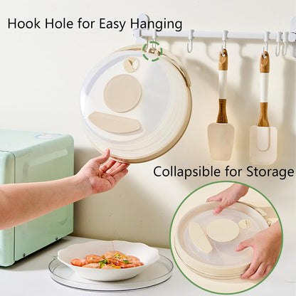 Microwave Splatter Cover with Base Plate and Water Steamer,Collapsible Microwave Cover for Food with Handle and Seasoning Groove, Clear Plate Covers,Food Safe,BPA Free,House Gifts (Creamy White)