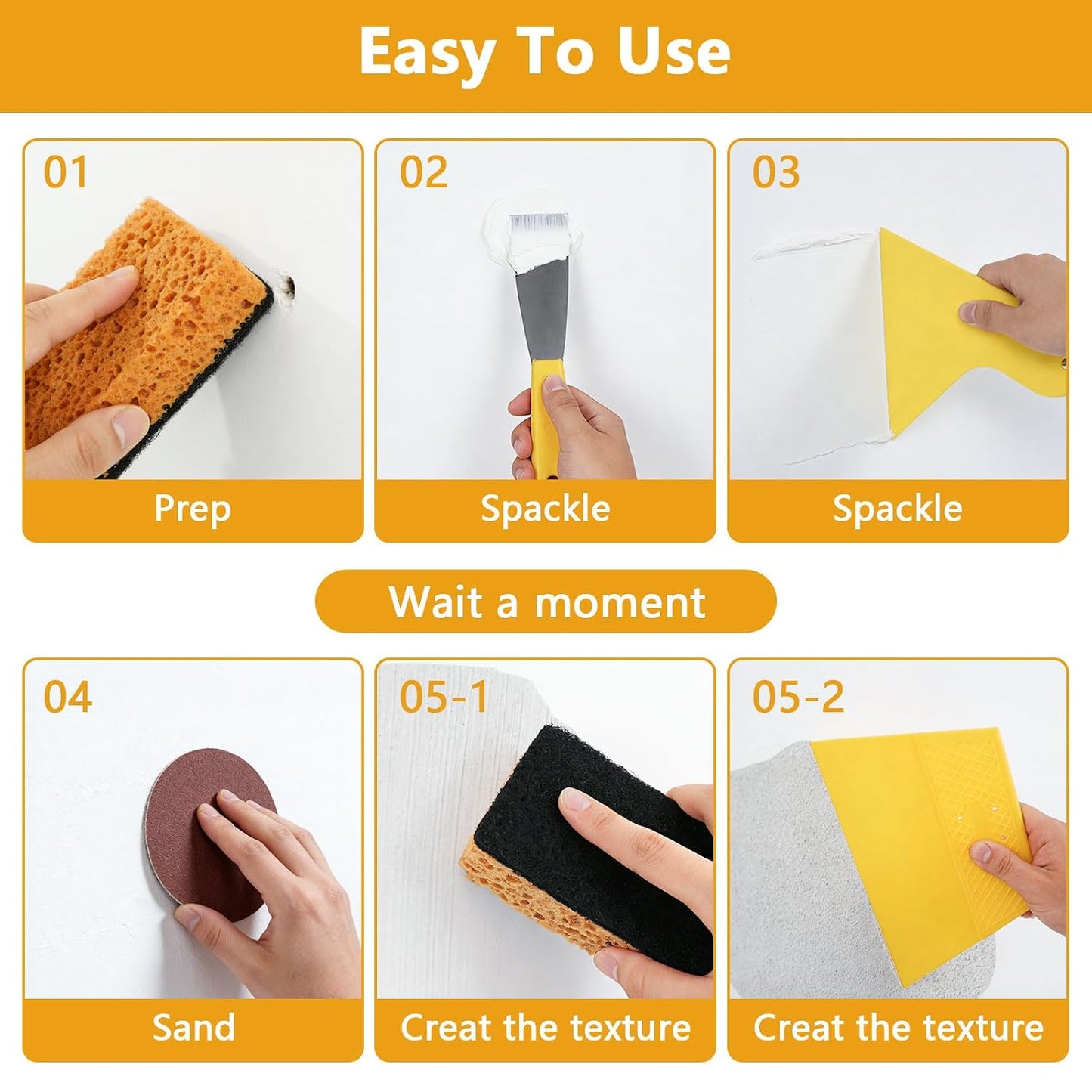KURUI Drywall Repair Kit, 8.8oz Spackle Wall Repair Paste with Scraper, 6 Sandpaper Sheets & Self Adhesive Dry Wall Patch Kits, Easy Hole Filler for Drywall, Plaster and Home Repair