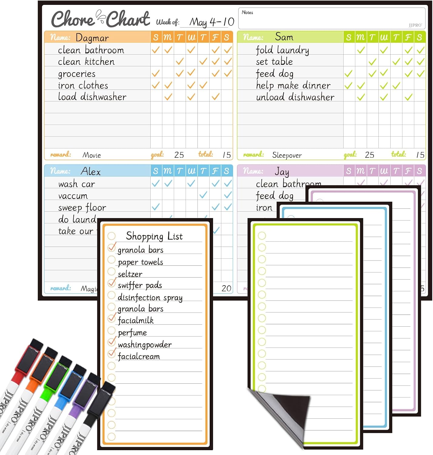 JJPRO Magnetic Dry Erase Chore Chart Set for Fridge-Used for Multiple Kids-One Chore Chart and Two Bonus Dry Erase Pad/Grocery Boards-Behavior Chart for Multiple Kids