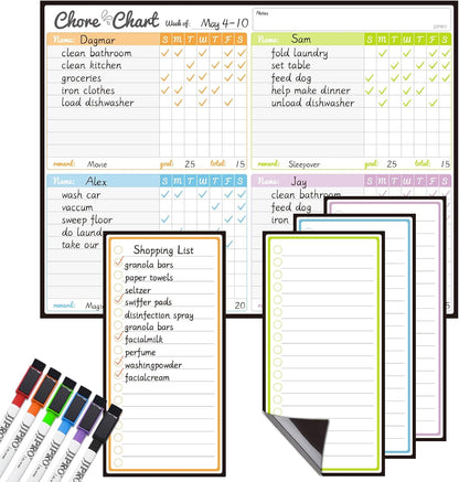 JJPRO Magnetic Dry Erase Chore Chart Set for Fridge-Used for Multiple Kids-One Chore Chart and Two Bonus Dry Erase Pad/Grocery Boards-Behavior Chart for Multiple Kids