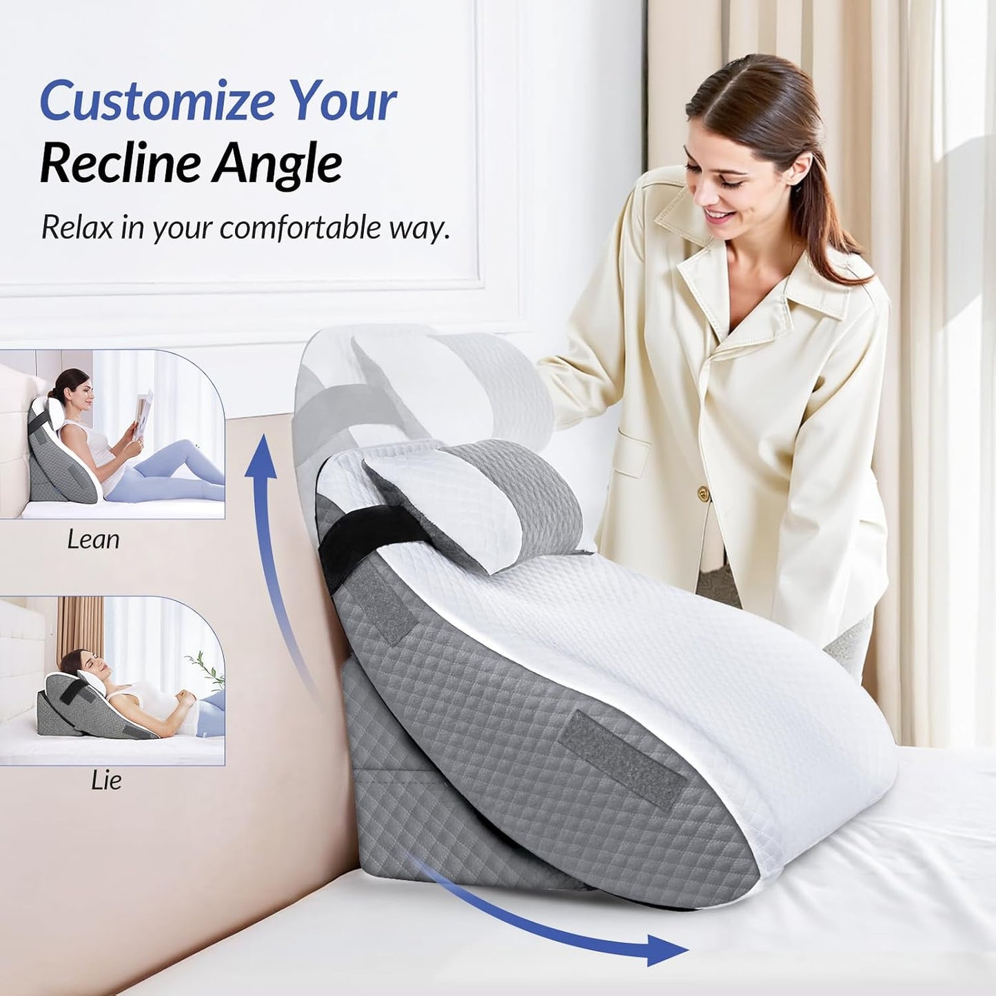 ZIKEE Adjustable Wedge Pillow Headboard Set for Sleeping & After Surgery | Ergonomic Reading Pillow for Sitting in Bed, Back Pain Relief & Leg Elevation, Bed Wedge with Premium Memory Foam, Soft Cover