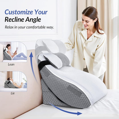 ZIKEE Adjustable Wedge Pillow Headboard Set for Sleeping & After Surgery, Ergonomic Reading Pillow for Sitting in Bed, Bed Wedge with Premium Memory Foam for Back Pain Relief & Support, Leg Elevation