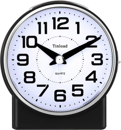 Tinload 4.3" No Ticking Analog Alarm Clock,Silent Readable for Seniors,Easy to Set,Gradual Rise Alarm,Big Numbers,On/Off Switch on Side,Gentle Wake,Snooze,Lighted on Demand,Battery Operated,Black