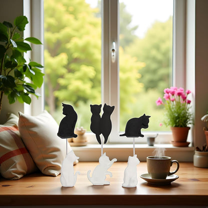 6Pcs Black and White Heat-Resistant Silicone Tea Bag Clips Set - Cartoon Cat-Shaped Reusable Holders for Drinks, Food Markers, Squeezer, and Accessories