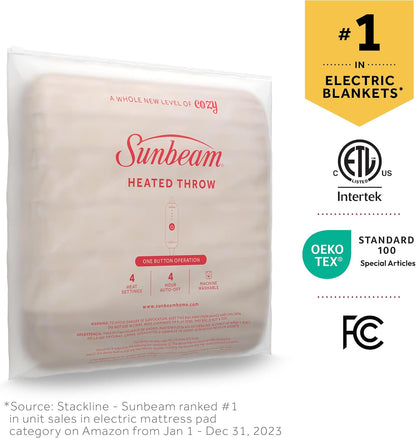 Sunbeam Electric Throw Royal Mink Sherpa Heated Blanket, 4 Heat Settings, 4-Hour Auto Shut-Off, Fast Heating, Luxurious and Ultra Comfy, Cabernet Color, 50" x 60"
