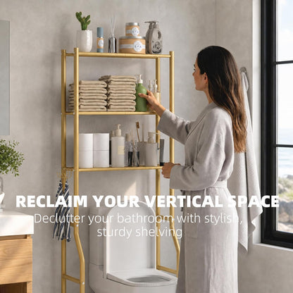 GloTika 3-Tier Over Toilet Storage, Anti-Tilt, 64" H, Black | Anti-Tilt Safety System, 150lb Capacity, Carbon Steel, Freestanding, No Drilling, Anti-Rust Coating, Paper Holder & 4 Hooks