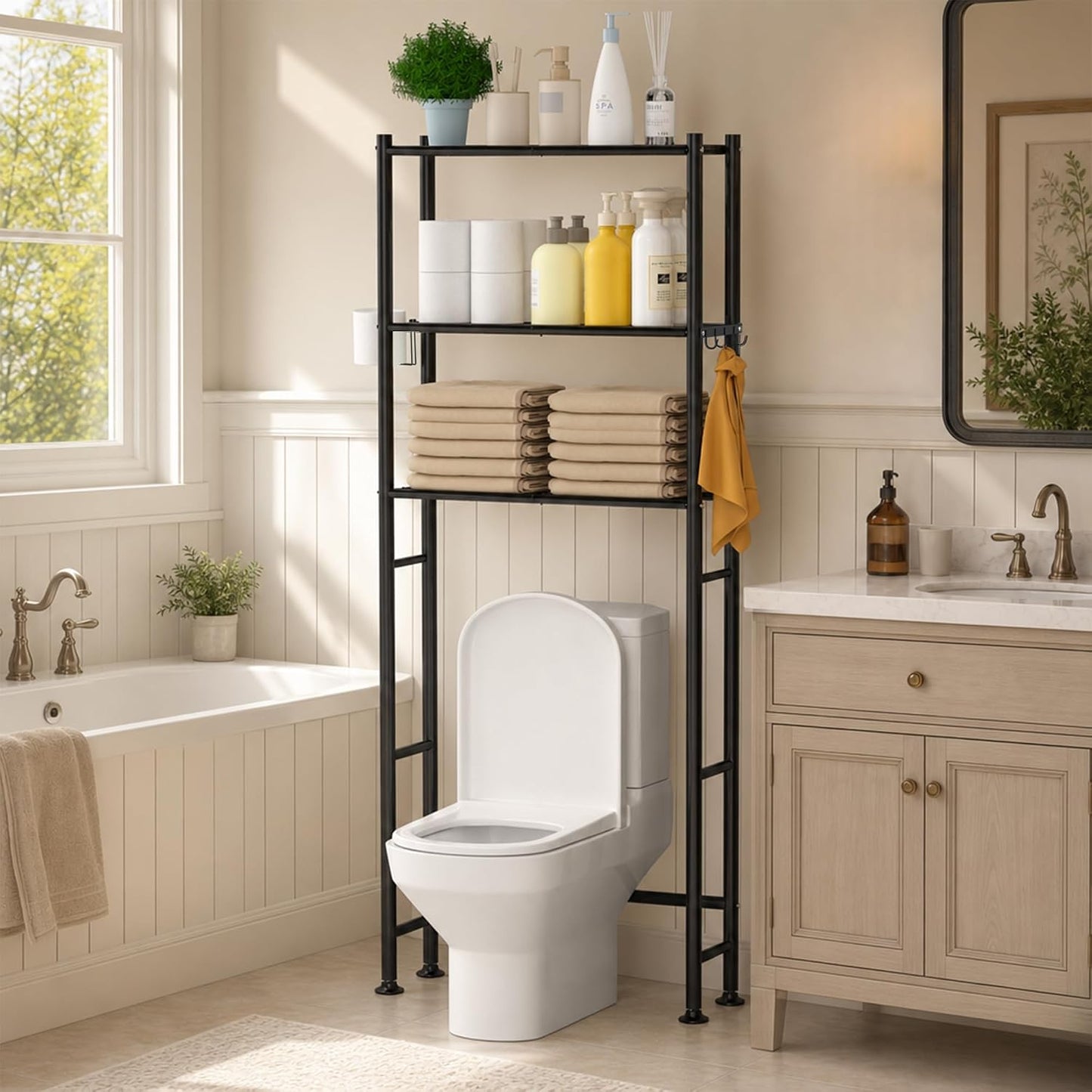 3-Tier Over The Toilet Storage Cabinet with Paper Holder and 4 Hooks, Metal Over Toilet Bathroom Organizer and Storage Shelf, Bathroom Shelves for Living Room/Laundry/Balcony(Black)