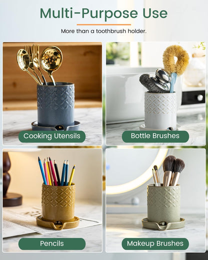 Zoeeker Toothbrush Holder with Drainage, Ceramic Toothbrush Holders Set | Electric Toothbrush & Toothpaste Holder for Bathrooms Self-draining Tooth Brush Cup Countertop Organizers for Family, Yellow