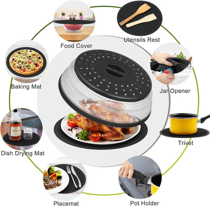 Microwave Splatter Cover & Silicone Mat, 10inch | Black, Collapsible, Vented, Reusable Food Guard & Plate Cover, Heat-Resistant Trivet for Pots, Pans, & Kitchen Counter