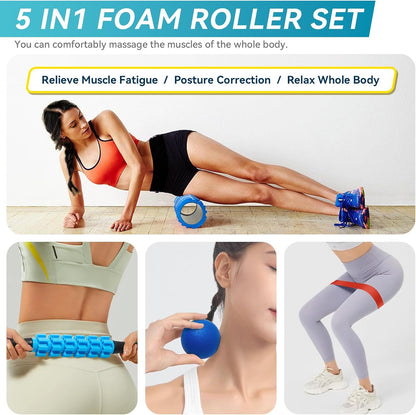 Krightlink 5-in-1 Foam Roller Set High Density Deep Tissue Muscle Massage | Muscle Recovery Kit Exercise Roller, Massage Ball, Resistance Band & Carry Bag for Physical Therapy & Pain Relief Black