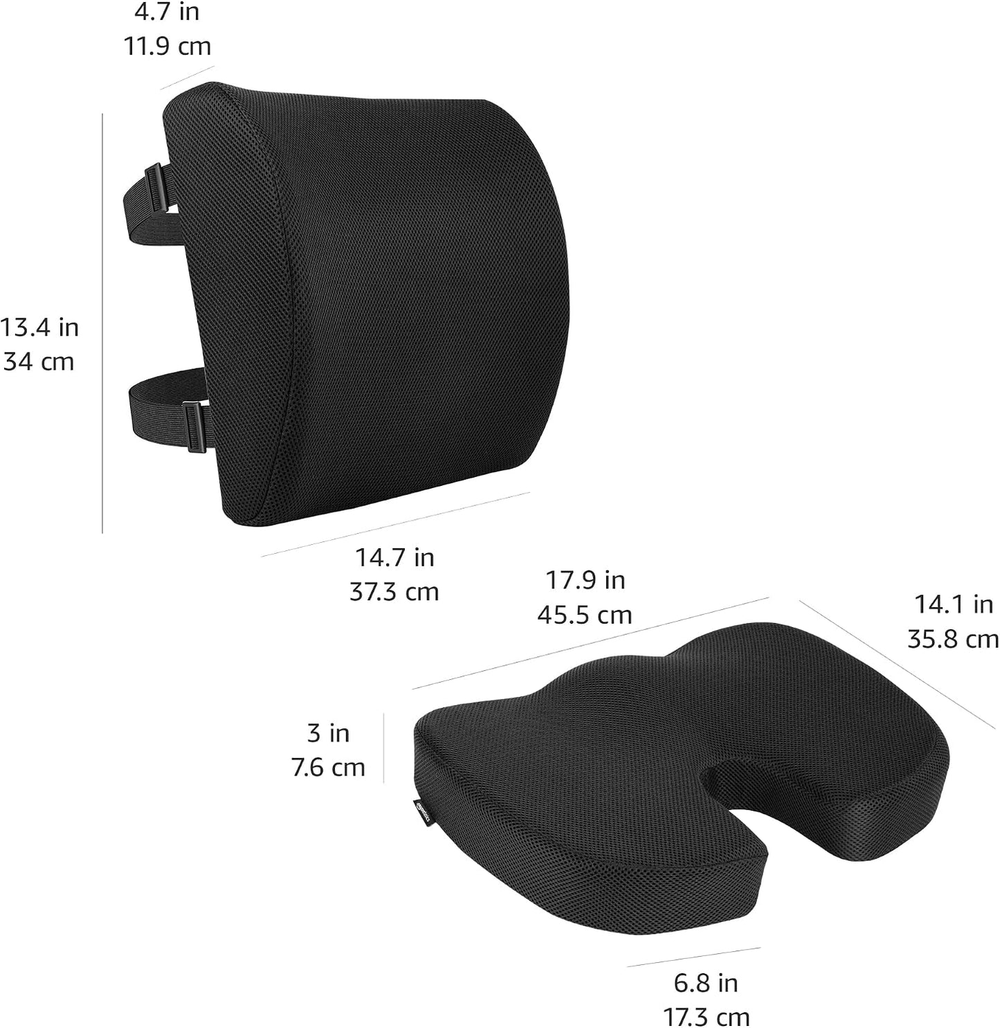 Amazon Basics Comfortable Seat Cushion & Lumbar Support for Office Chairs, Gel Enhanced Memory Foam, Non-Slip, Cooling, Portable, Pack of 2, Rectangular, Black