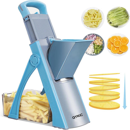 QYKIC Safe Mandoline Slicer for Kitchen, Adjustable Potato Slicer Pro | 0.1-8mm Vegetable Chopper Fry Cutter Julienne Dicer Large Chute Stainless Steel Blades Detachable Dishwasher Safe Gifts