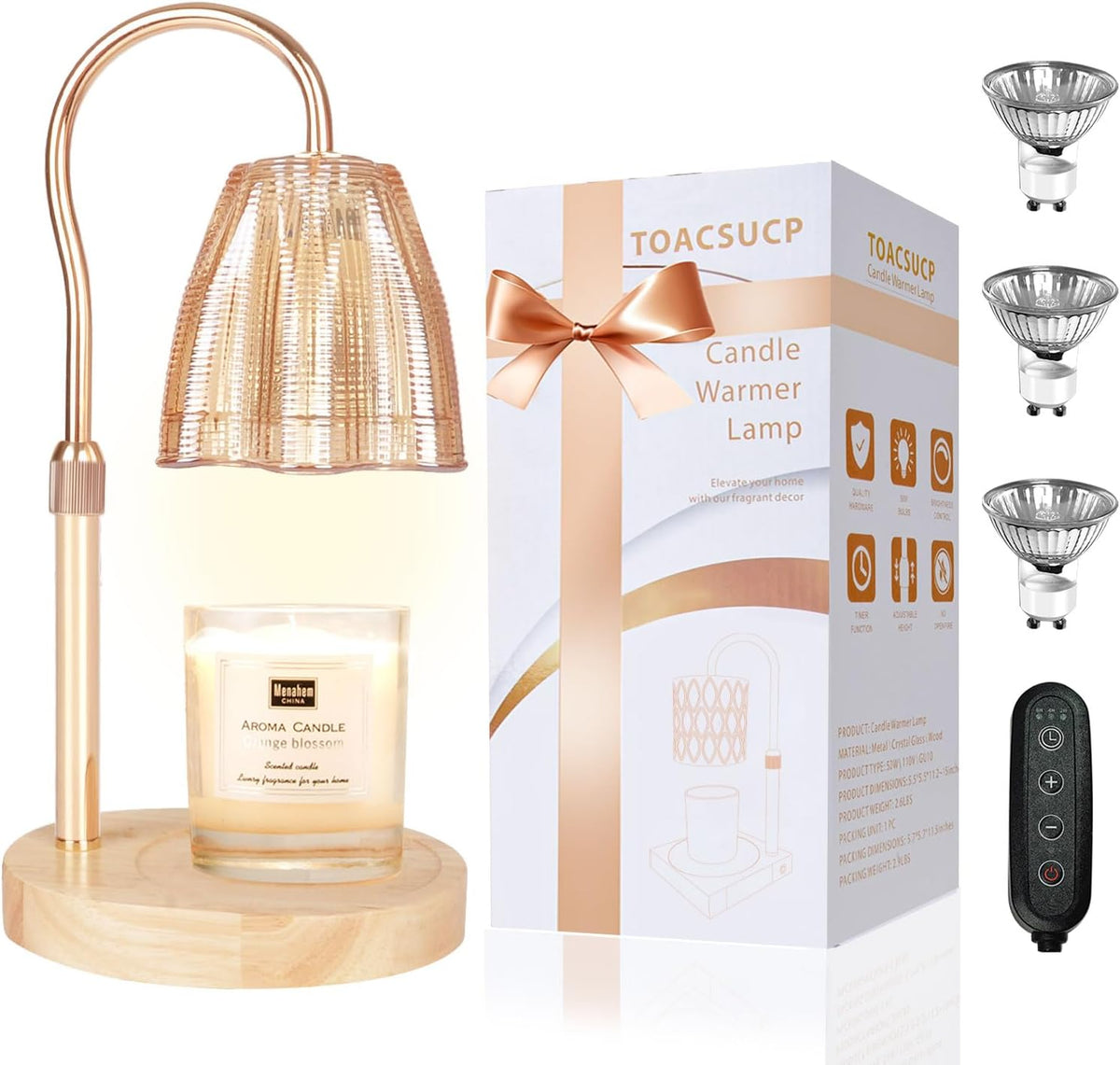 Candle Warmer Lamp with 3 Bulbs, Adjustable Height Dimmable Candle Warmer with Timer, Candle Lamp with Charming Gift Box Ribbon,Birthday Gifts for Women Mom, House Warming Gifts New Home Decor