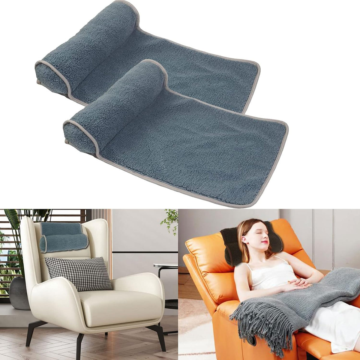 Neck Pillow for Recliner (22x14in) Adjustable Wool Neck Roll, Non-Slip Headrest Sofa Cushion Travel Pillow for Neck and Head Support (Blue)