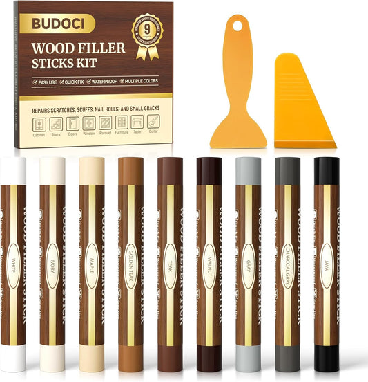 9 Colors Wood Filler Sticks, Wood Scratch Repair Stick and Wood Crayons for Scratches, Wood Floor Scratch Repair for Furniture Floors Cabinets Tables Doors, Fix Scuffs Cracks Holes