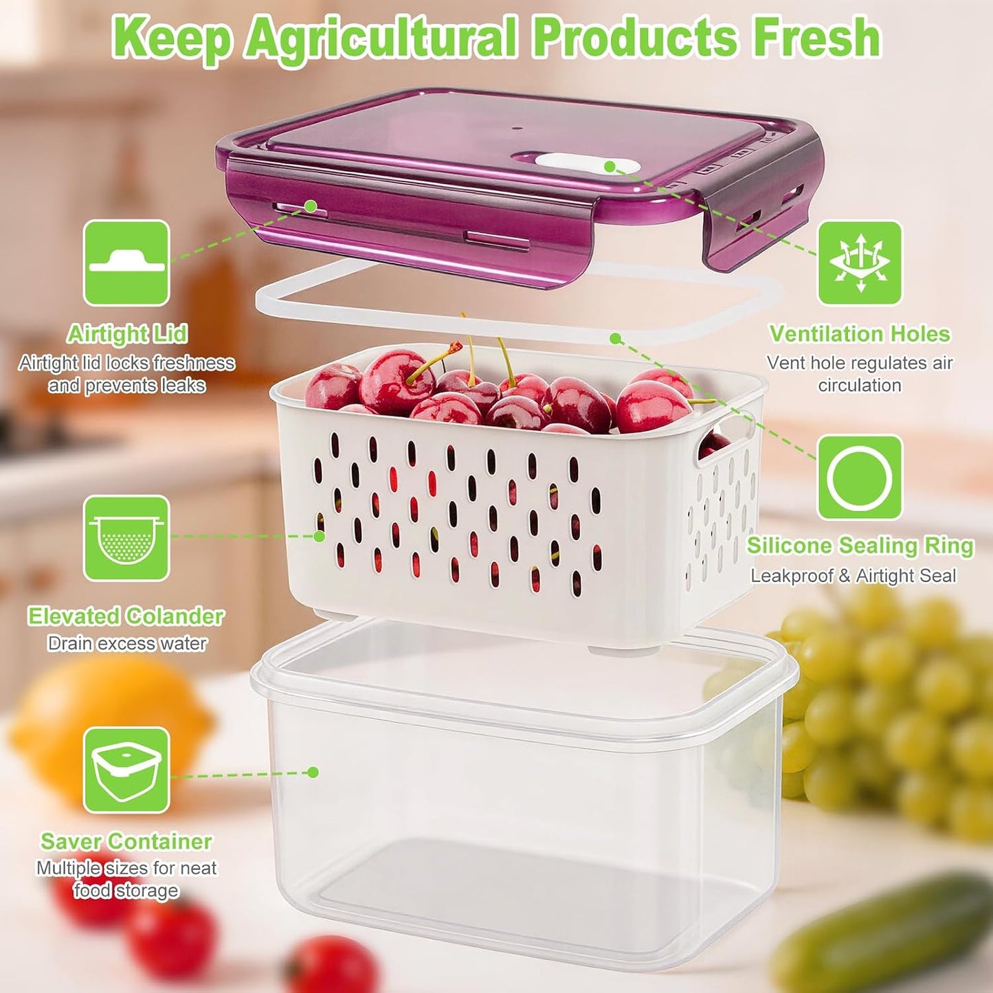 8 Pieces Fruit Storage Containers for Fridge with Lids and Strainer | 4Pack Fruit Containers for Fridge, Fresh Produce Saver Keeper for Vegetable Fruit Salad, BPA Free Organizer for Refrigerator