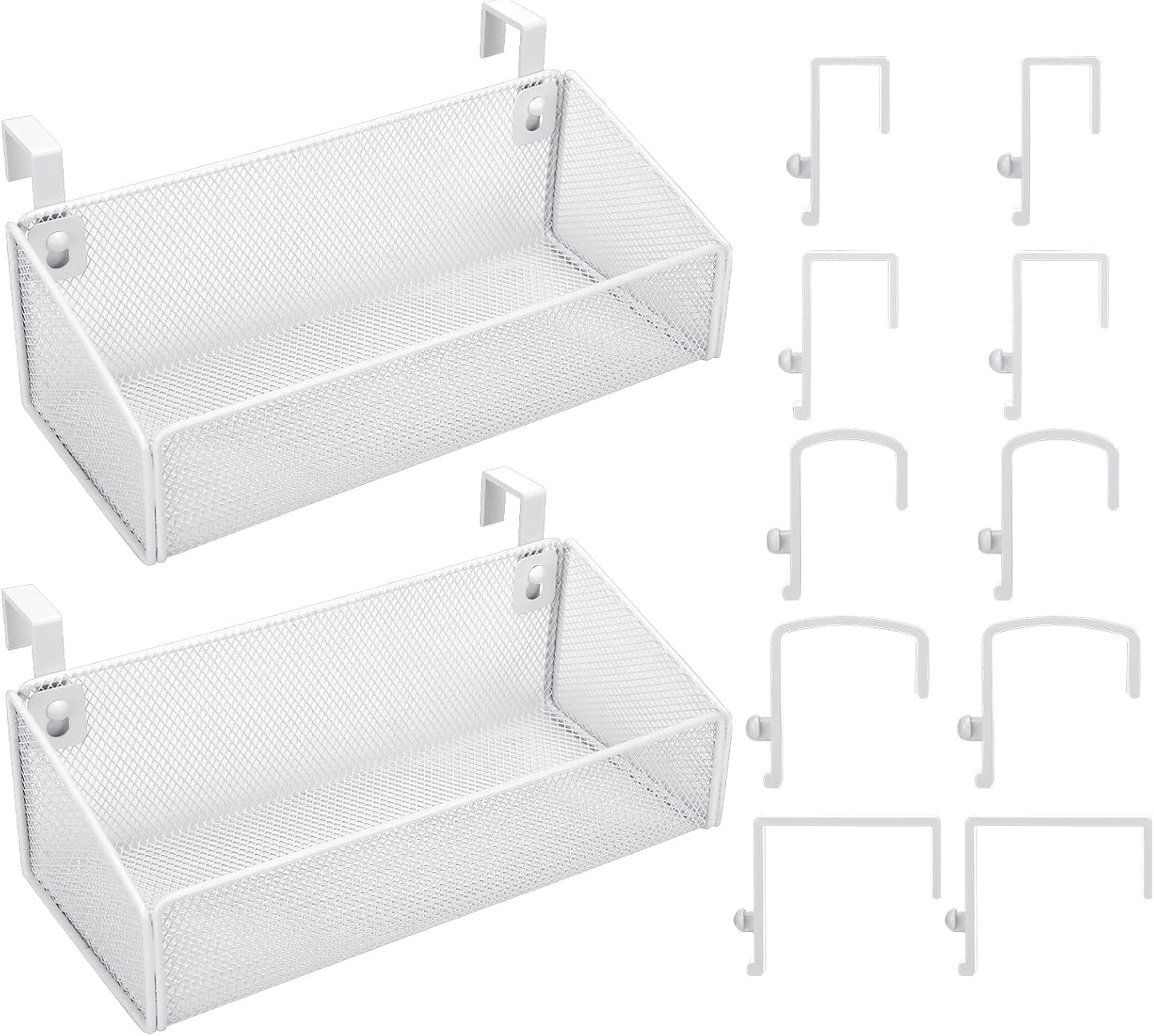Rtteri 2 Sets Bedside Shelf Caddy Metal Hanging Storage Basket Organizer with 10 Pair 5 Different Size Hooks for Dorm Bunk Bed Bedroom for Magazine Phone Drinks(White)