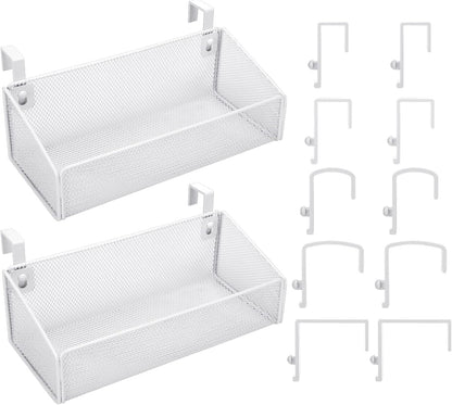 Rtteri 2 Sets Bedside Shelf Caddy Metal Hanging Storage Basket Organizer with 10 Pair 5 Different Size Hooks for Dorm Bunk Bed Bedroom for Magazine Phone Drinks(White)