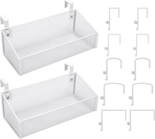 Rtteri 2 Sets Bedside Shelf Caddy Metal Hanging Storage Basket Organizer with 10 Pair 5 Different Size Hooks for Dorm Bunk Bed Bedroom for Magazine Phone Drinks(White)