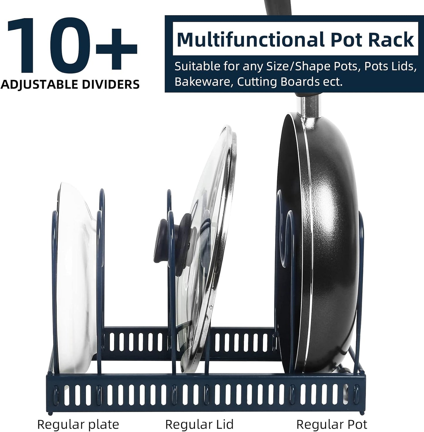 ROOHUA Pot and Pan Lid Organizer Rack for Under Cabinet, 12"-23" Expandable | 10 Adjustable Dividers, Holds Pan Lids, Cookware & Bakeware, Creates Tidy Cabinet Storage, Durable Metal, Bronze