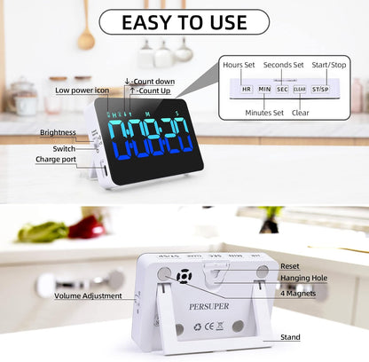 PERSUPER Kitchen Digital Timer, Count Down Up, Rechargeable, Vibration Mode | Adjustable Volume and Brightness LED Display, Time Management Cook, Desk, Kids Adults Study Teaching, Kitchen Gadgets RGB ﻿