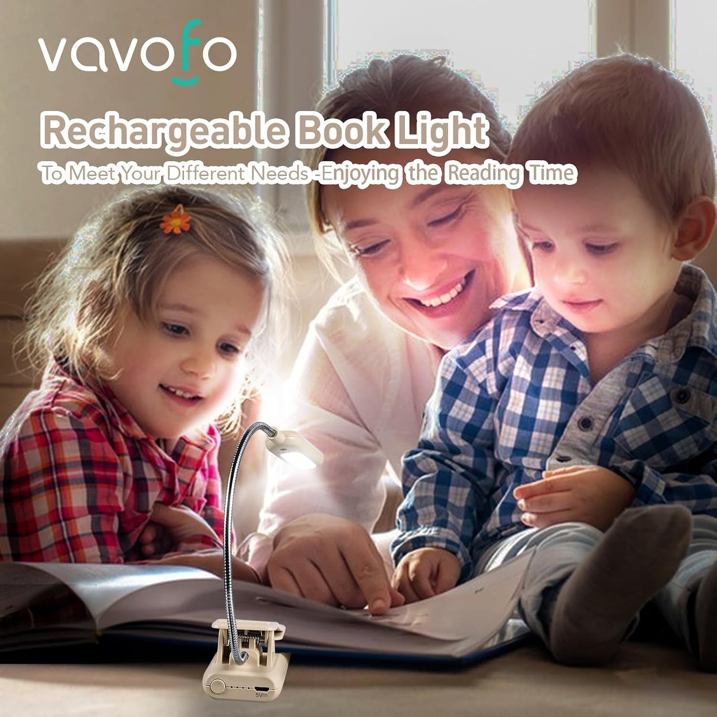 VAVOFO Rechargeable Book Light for Reading in Bed Kids, 7 LED Reading Light with 9-Level Warm Cool White Daylight, Eye Care Lamp with Power Indicator for Bookworms (Yellow)