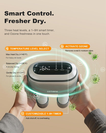 Boot Dryer, 11.8 in Extendable Hoses, 3 Heat Levels, 1-9H Timer | 95W Dual-Fan Airflow, Ozone Freshening Mode, for Work Boots, Ski Boots, Rain Boots, Sneakers and Gloves, Auto Shut-Off