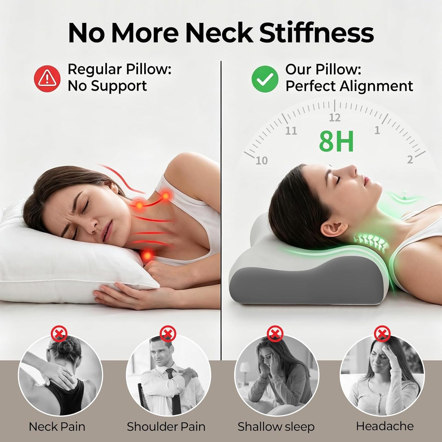 Polovo Cervical Neck Pillow for Pain Relief - Ergonomic Side Sleeper Pillow for Deep Sleep, Contour Memory Foam Pillows for Sleeping Bed Pillow for Side Back Stomach Sleepers(Grey)