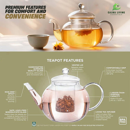 Glass Teapot with Removable Infuser – Stovetop & Microwave Safe Tea Maker – Loose Leaf Tea Brewer with 2 Blooming Teas – Heat Resistant Borosilicate 2-in-1 Tea Kettle & Tea Pot