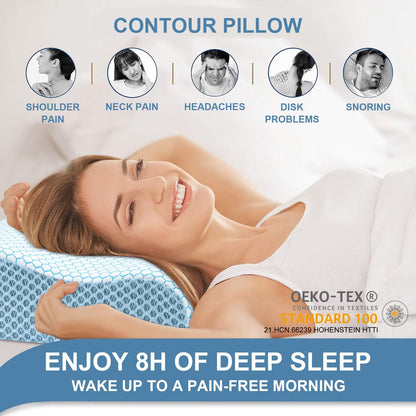 Anvo Memory Foam Pillow, Neck Contour Cervical Orthopedic Bed Pillow for Sleeping Side Back Stomach Sleeper, Ergonomic Design for Neck and Shoulder Pain Relief, Blue White, Firm