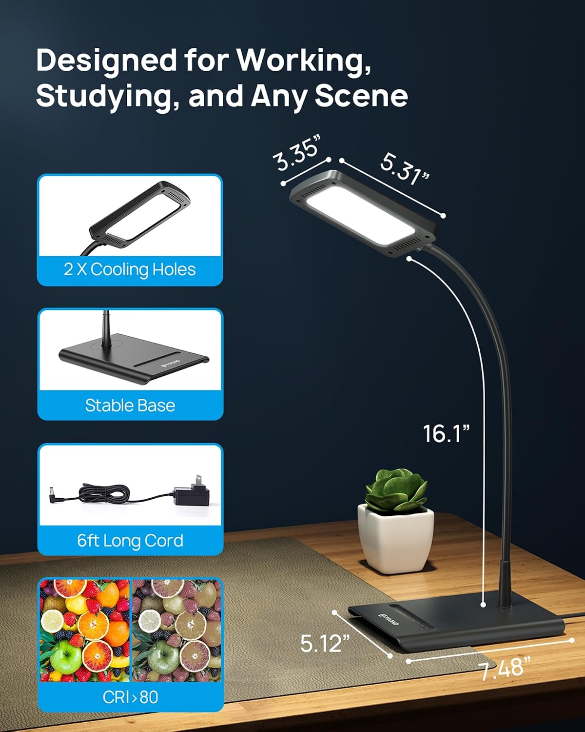 TROND Desk Lamp, Dimmable Eye-Caring Table Lamp, Memory Function, Black | 3 Color Modes 7 Brightness Levels, Flexible Gooseneck, Touch Control, Desk Light for Home Office Dorm Room Essentials