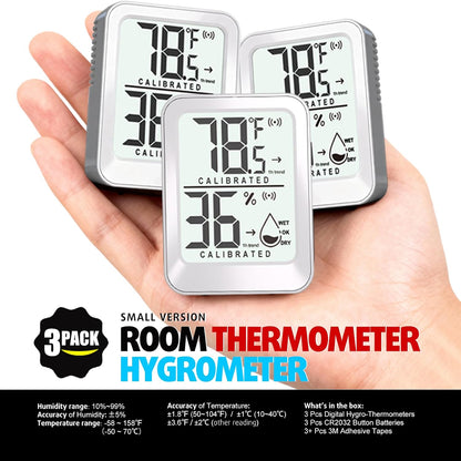 AyayaBoss 3 Pack Room Thermometer Indoor Hygrometer | Mini Size, Monitor Temperature & Humidity, Accurate Fast Read, Easy To View, Kickstand/Hanging/Wall Adhesive, ℉/℃, w/ Battery