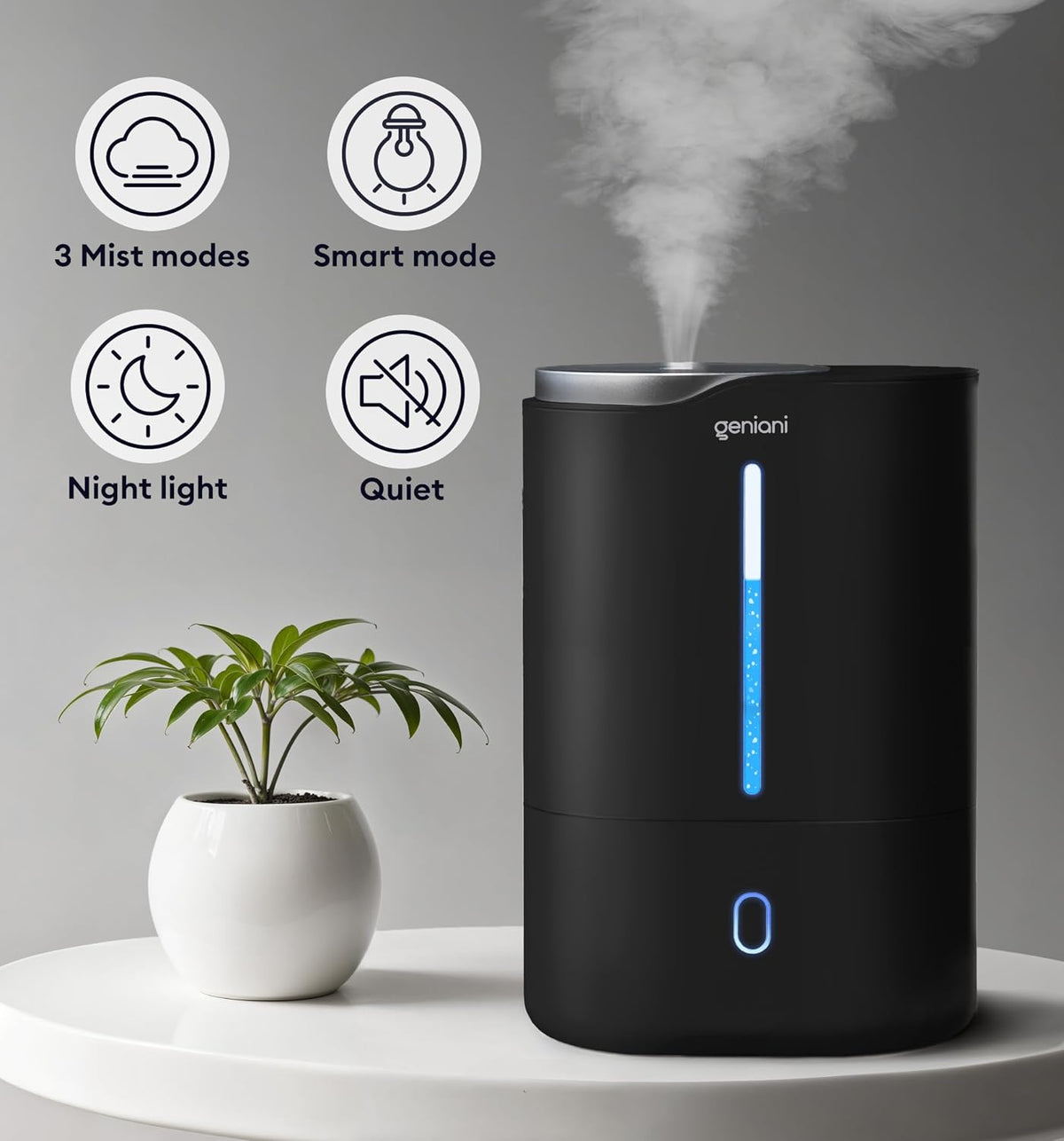GENIANI Cool Mist Air Humidifiers for Bedroom, Plants, and Large Rooms - Quiet Humidifiers for Baby Room with Auto Shut Off & Night Light (3.9L, White)