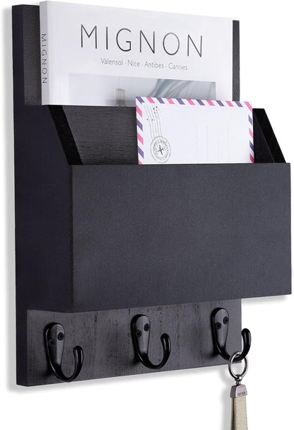 Key and Mail Holder for Wall Mount, Mail Holder with Chalkboard | Mail Organizer with 2 Slot, Key Holder with 3 Sturdy Hooks for Coat, Dog Leash, Decorative Key Rack (8.86”W x 11.42”H x 3”D)