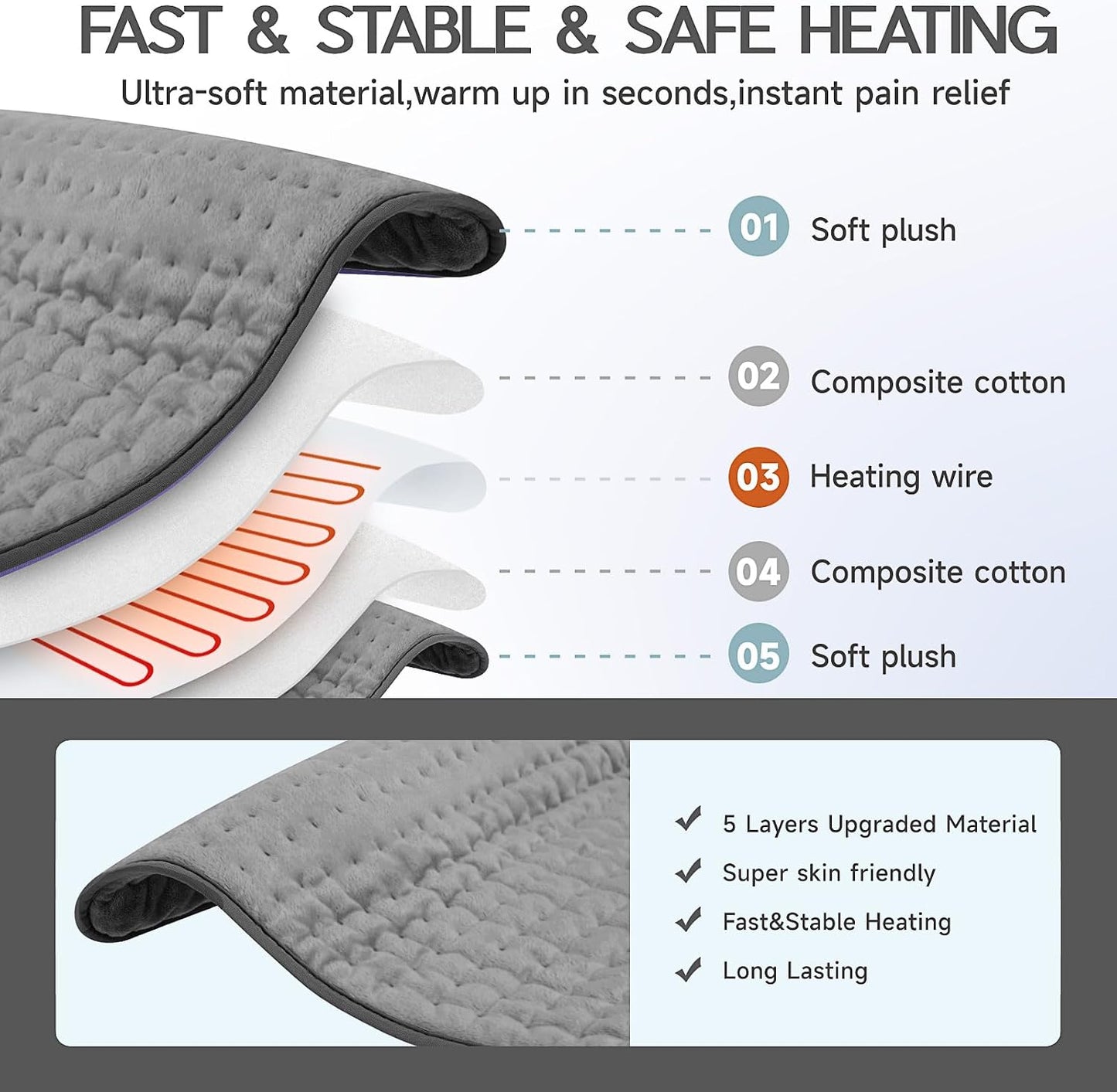 Heating Pad for Period Cramps, Heating Pad for Back/Neck/Shoulder Muscle Pain, 6 Heating&4 Timer Setting, Auto Shut Off, Dry/Moist Heat & Machine Washable, Gray Birthday Christmas Gifts for Women Mom