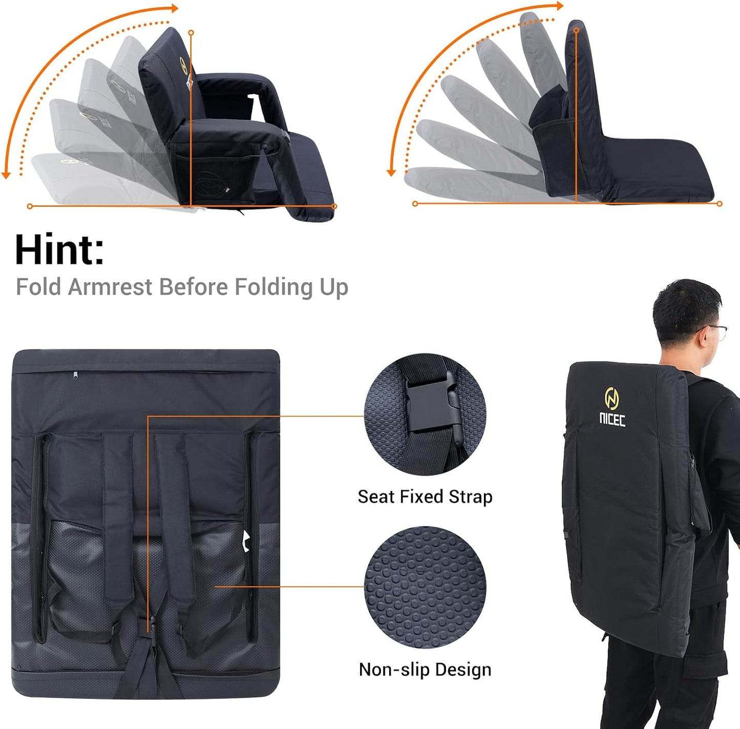 Nice C Heat Massage Stadium Seat, Reclining Bleacher Seat (Regular 1 Pack) | Foldable Floor Arena Chair, Waterproof Stadium Cushion, Thick Padding, Back Support, Shoulder Straps, Side Pockets