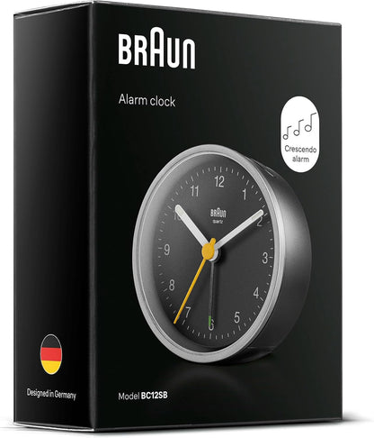 Braun Classic Analogue Alarm Clock with Snooze and Light, Quiet Quartz Movement, Crescendo Beep Alarm in White, Model BC12W.