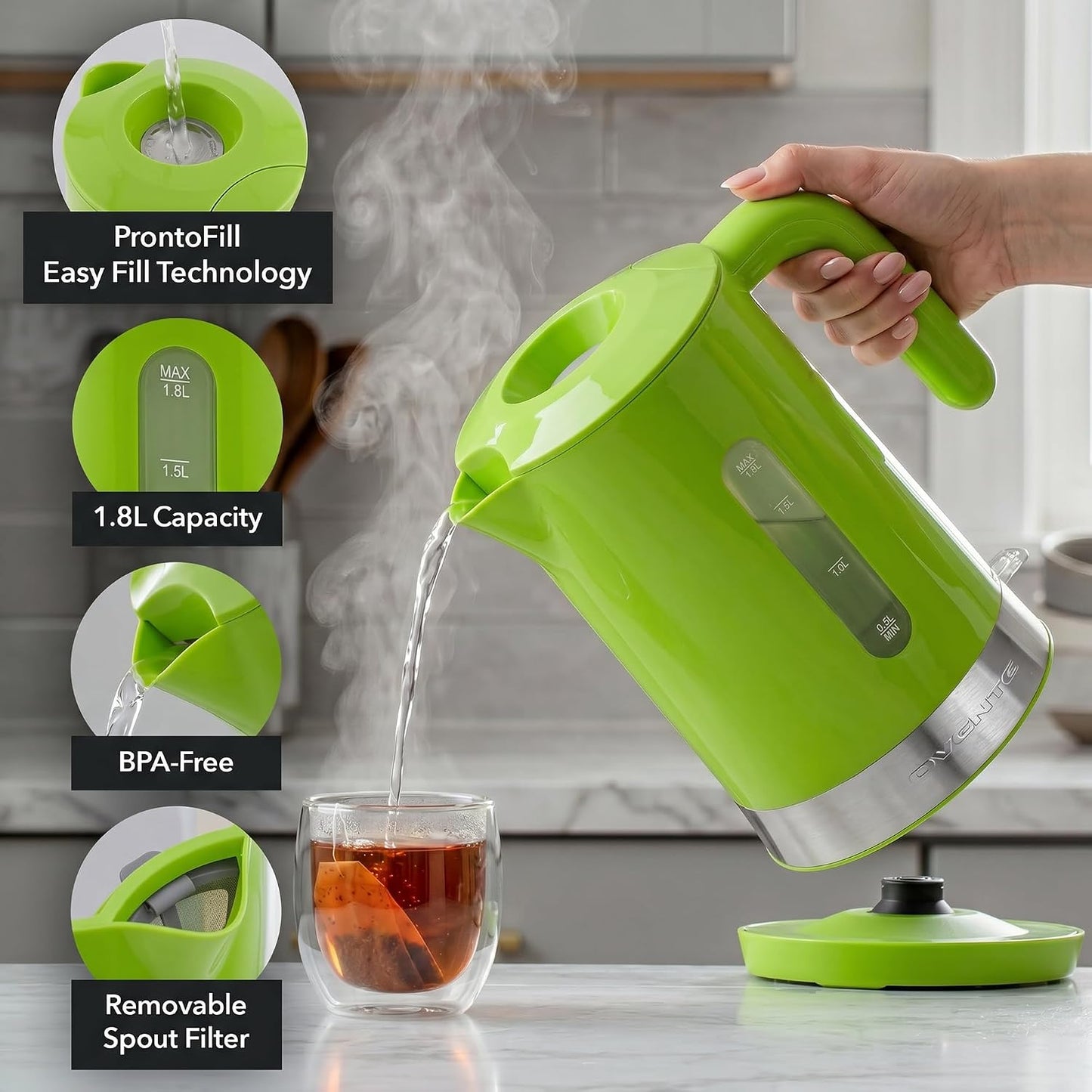 OVENTE 1.8L Electric Kettle with 1500W Fast Boiling Heater, Black KP413B | Best For Coffee or Tea, BPA-Free, Easy-Fill Lid, Water Level Window, Auto Shut-Off & Boil-Dry Protection, Removable Filter