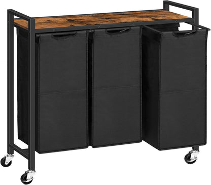 HOOBRO Laundry Sorter 3 Section, Laundry Hamper with Wheels, 3 × 11.5 Gal (43.4L), Rolling Laundry Basket, Pull-Out and Removable Oxford Fabric Laundry Bags, Rustic Brown and Grey BFG76XY01